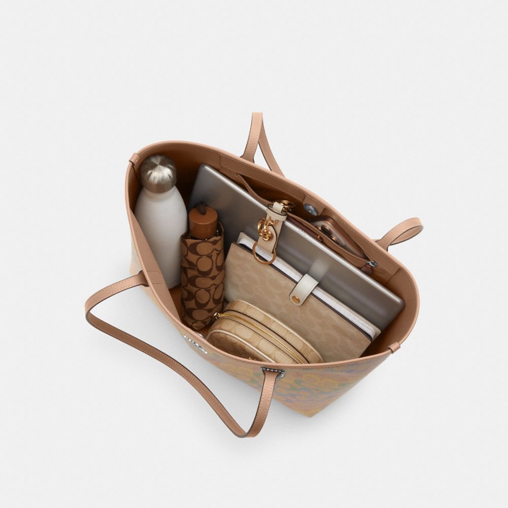 Coach City Tote Bag In Rainbow Signature Canvas Silver