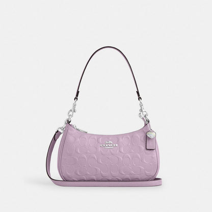 Coach Teri Shoulder Bag In Signature Leather With Heart Charm Silver Light Violet