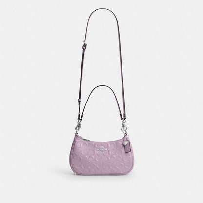 Coach Teri Shoulder Bag In Signature Leather With Heart Charm Silver Light Violet