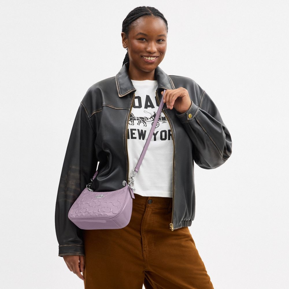 Coach Teri Shoulder Bag In Signature Leather With Heart Charm Silver Light Violet