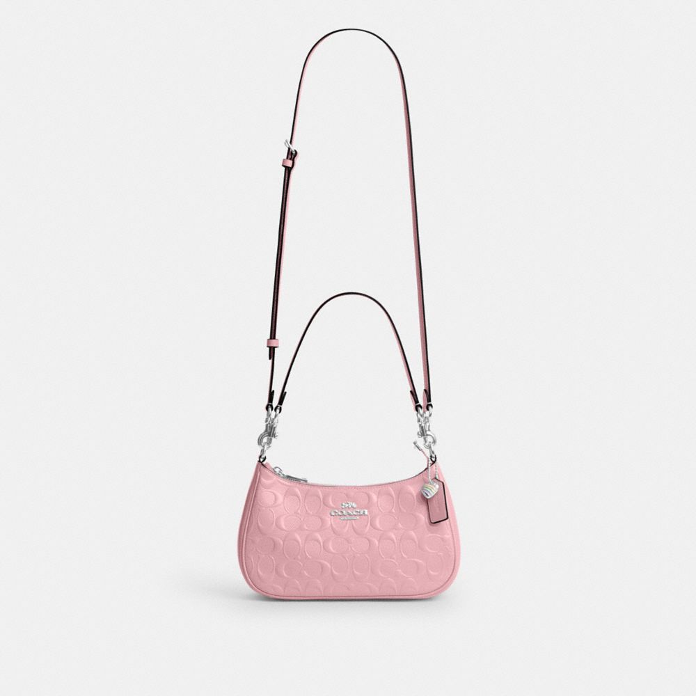 Coach Teri Shoulder Bag In Signature Leather With Heart Charm Silver Pink