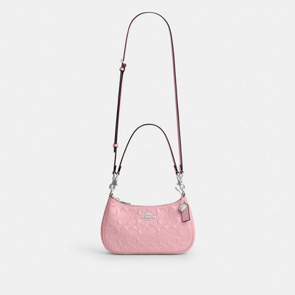 Coach Teri Shoulder Bag In Signature Leather With Heart Charm Silver Pink