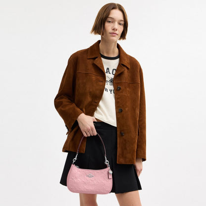 Coach Teri Shoulder Bag In Signature Leather With Heart Charm Silver Pink