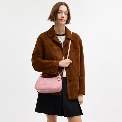 Coach Teri Shoulder Bag In Signature Leather With Heart Charm Silver Pink