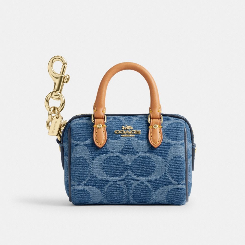 Coach Mini Rowan Bag Charm In Signature Denim Gold Indigo
