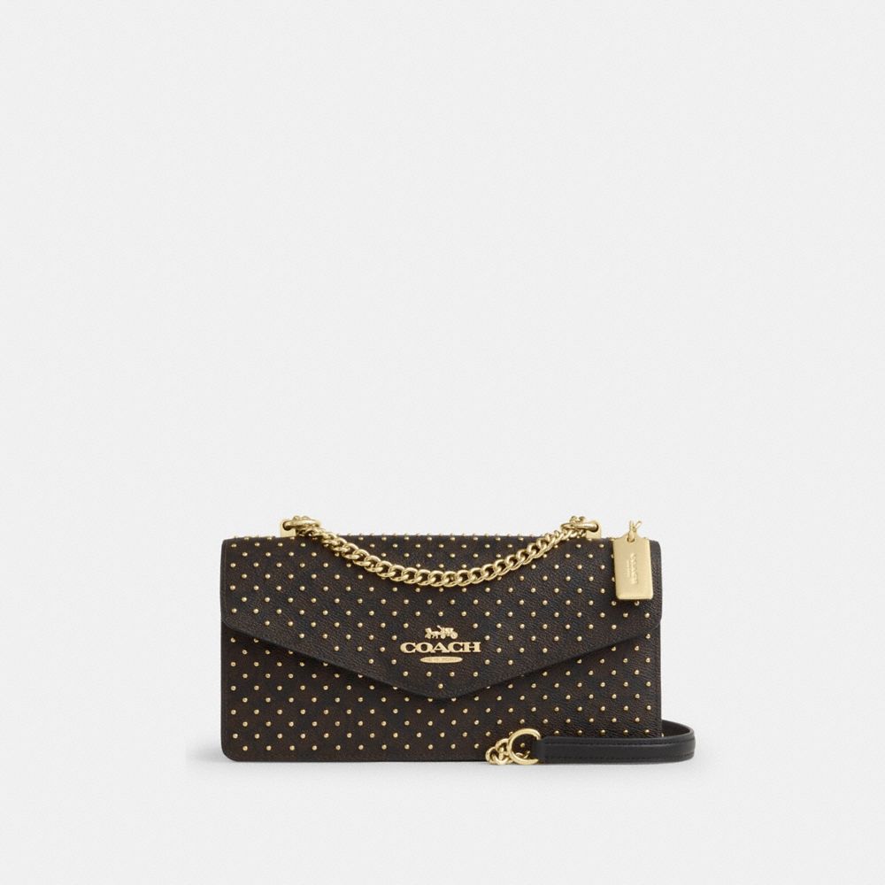 Coach Klare Envelope Crossbody Bag In Signature Canvas With Rivets Gold Walnut Black Multi