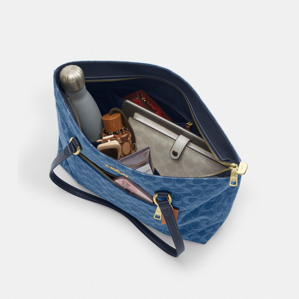 Coach Station Tote Bag In Signature Denim Gold Indigo