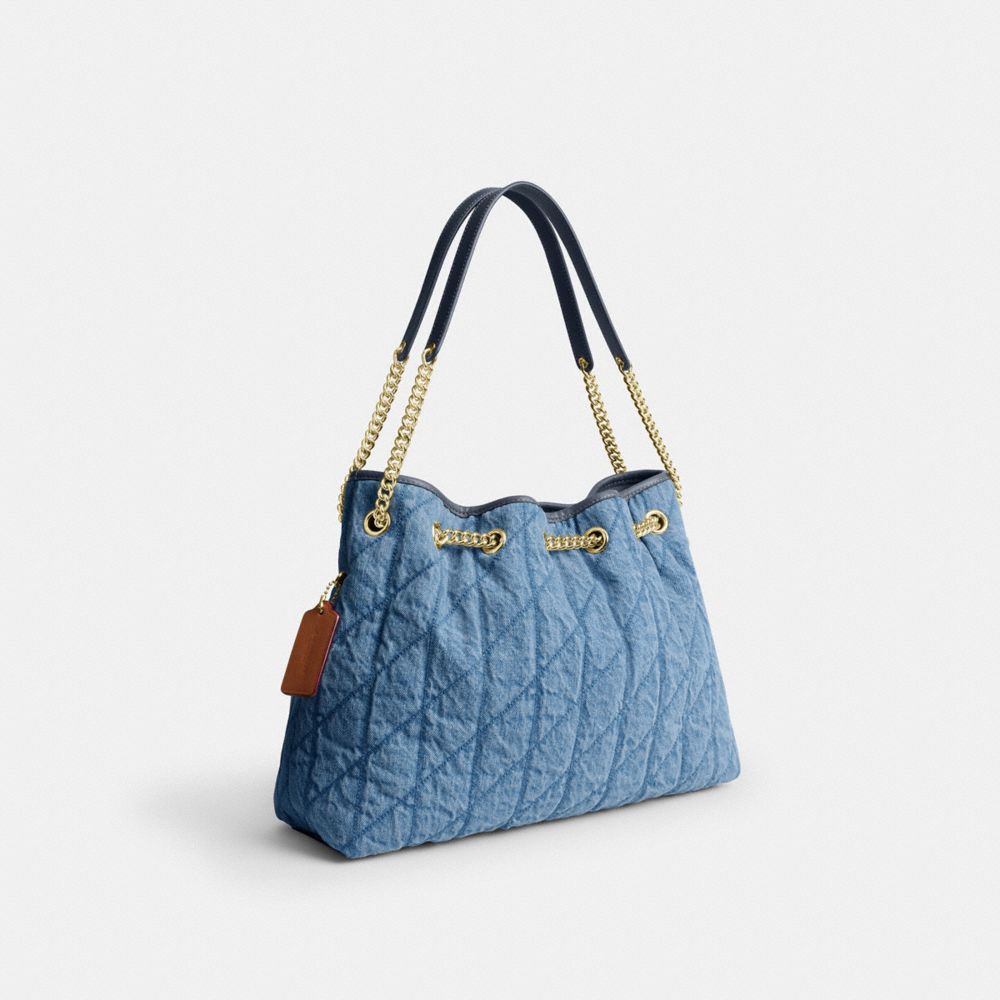 Coach Evelyn Shoulder Bag In Regenerative Cotton With Quilting Gold Indigo