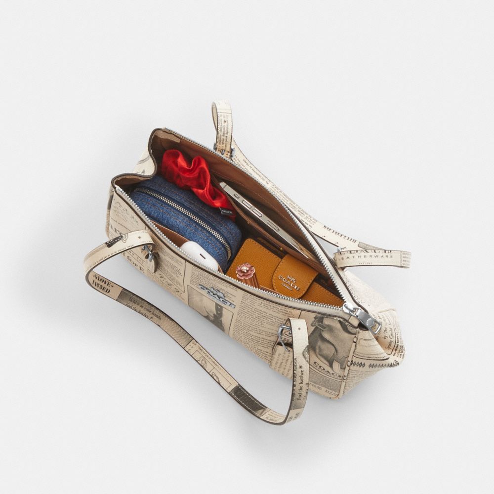 Coach Asher Shoulder Bag With Newspaper Print Silver Chalk Multi