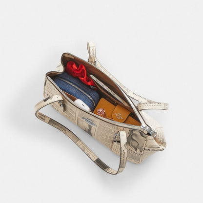 Coach Asher Shoulder Bag With Newspaper Print Silver Chalk Multi