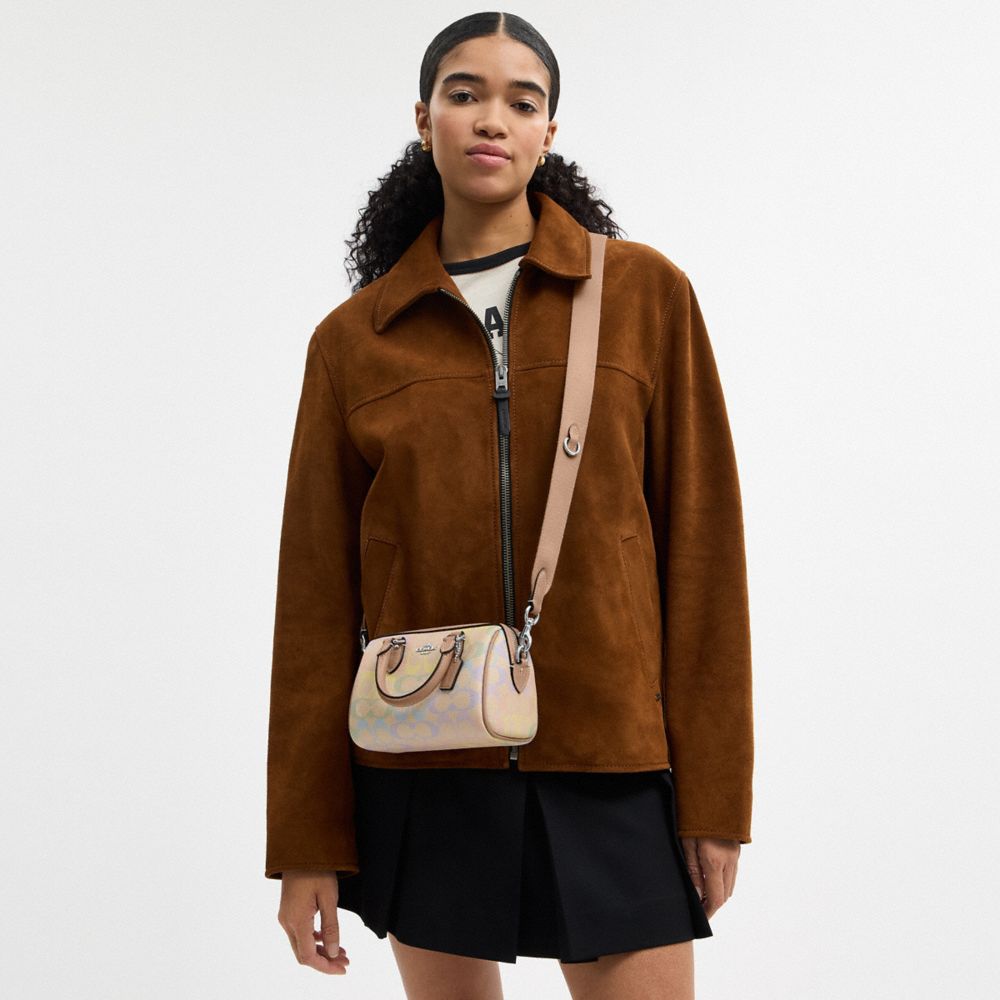 Coach Mini Rowan Crossbody Bag In Rainbow Signature Canvas Silver Sand Multi