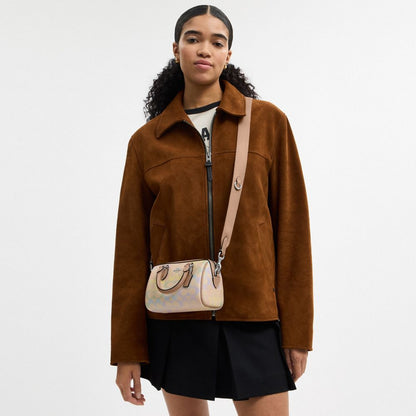 Coach Mini Rowan Crossbody Bag In Rainbow Signature Canvas Silver Sand Multi