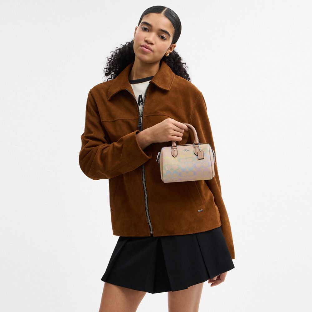 Coach Mini Rowan Crossbody Bag In Rainbow Signature Canvas Silver Sand Multi