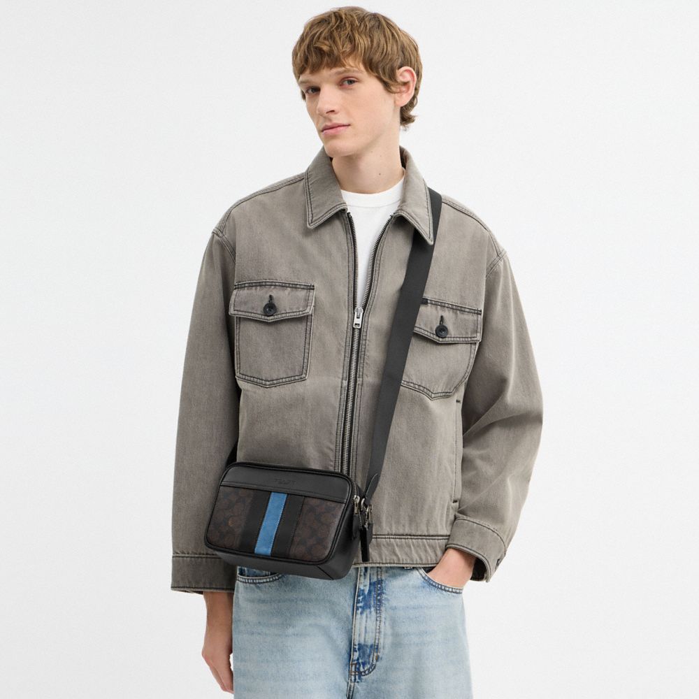 Coach Graham Crossbody Bag In Signature Canvas With Varsity Stripe Gunmetal