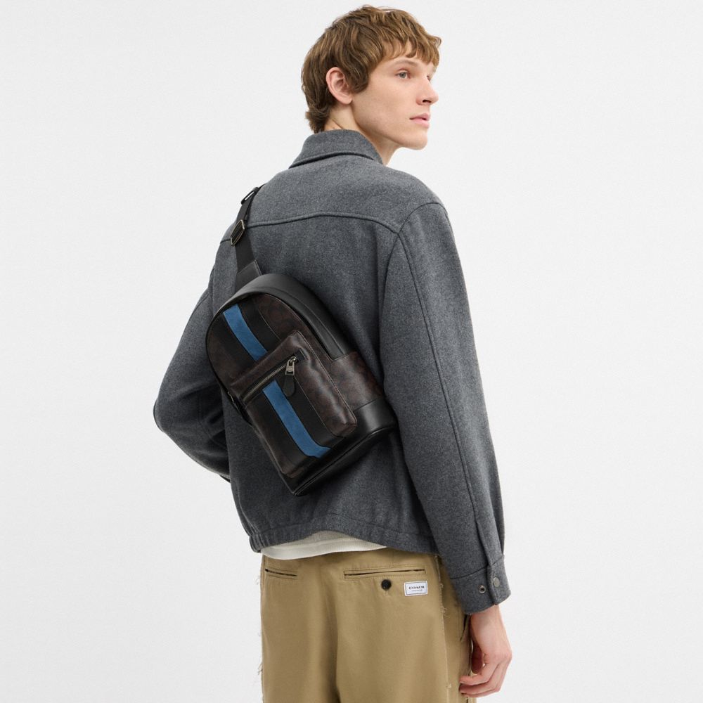 Coach West Pack In Signature Canvas With Varsity Stripe Gunmetal Walnut Multi