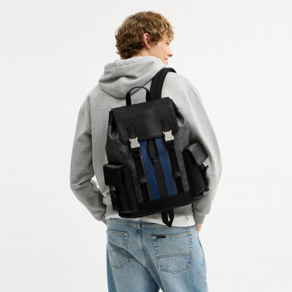 Coach Clark Backpack In Signature Canvas With Varsity Stripe Silver Black Multi