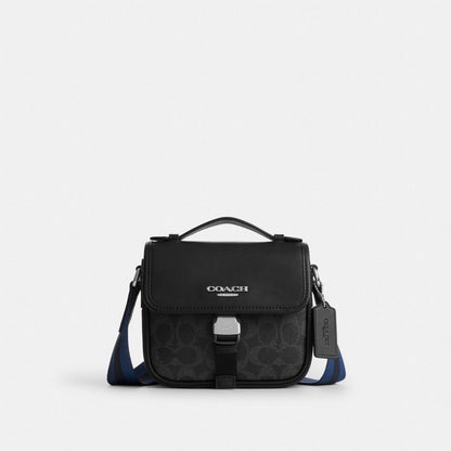 Coach Racer Crossbody Bag In Signature Canvas With Varsity Stripe Webbing Silver Black Multi
