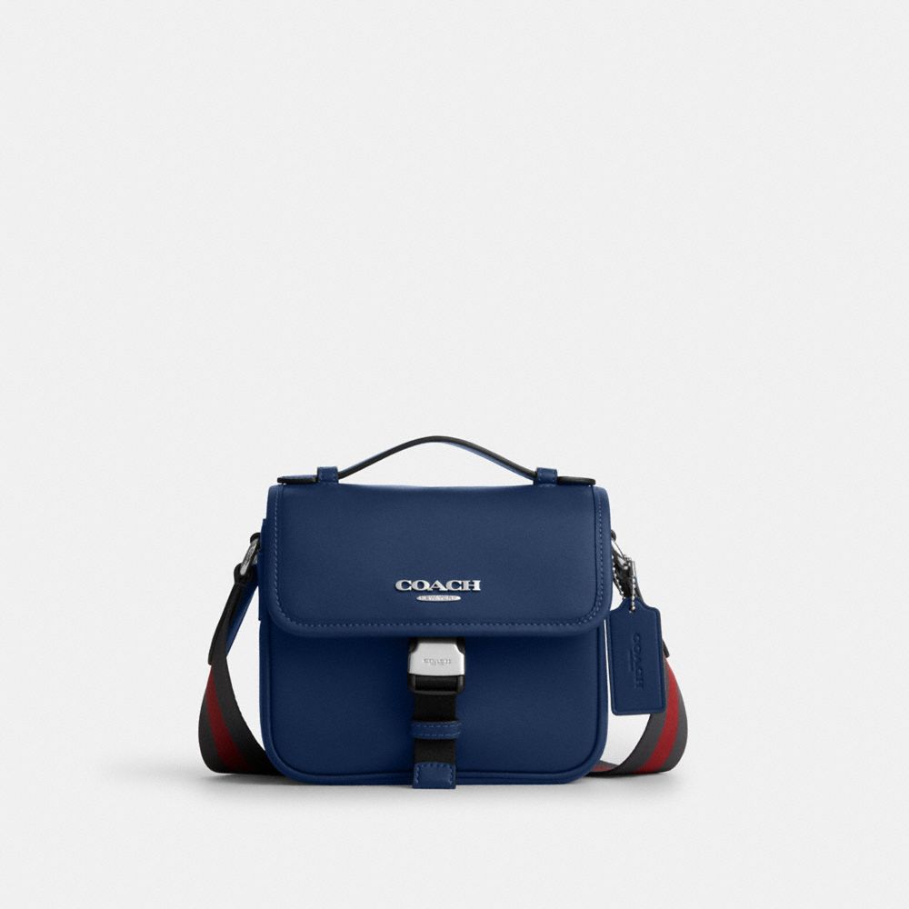 Coach Racer Crossbody Bag With Varsity Stripe Webbing Silver Deep Blue Multi