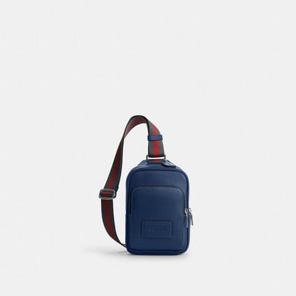 Coach Racer Sling Pack With Varsity Stripe Webbing Silver Deep Blue Multi