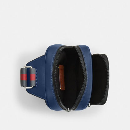 Coach Racer Sling Pack With Varsity Stripe Webbing Silver Deep Blue Multi