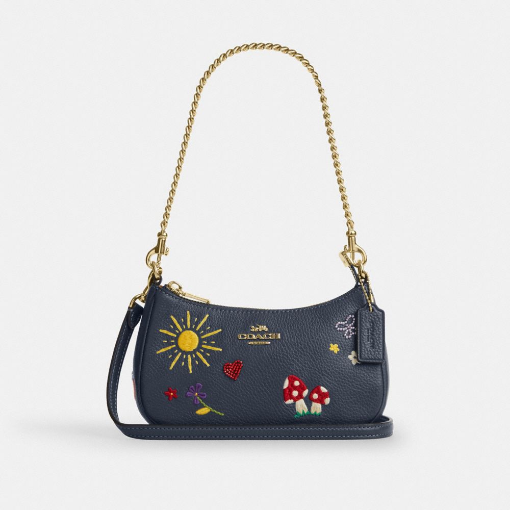 Coach Teri Mini Crossbody Bag With Embroidery Gold Dark Denim