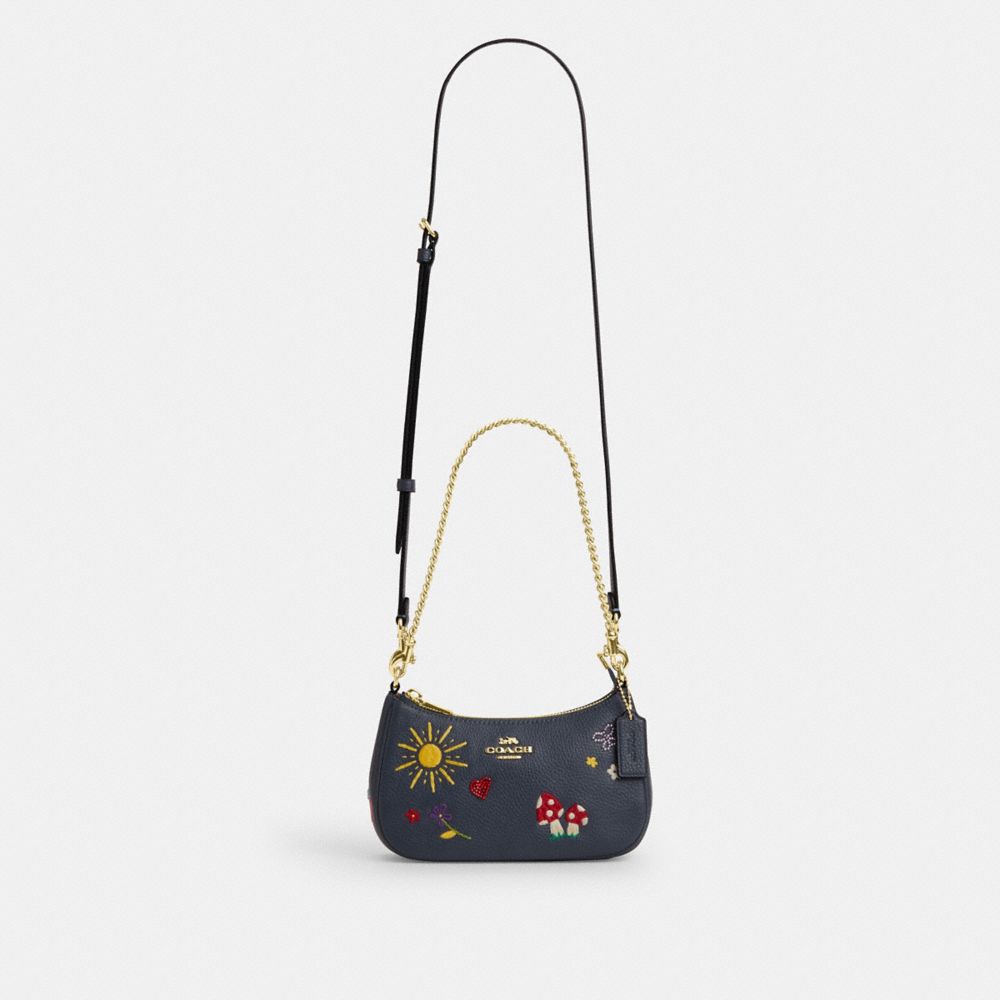 Coach Teri Mini Crossbody Bag With Embroidery Gold Dark Denim