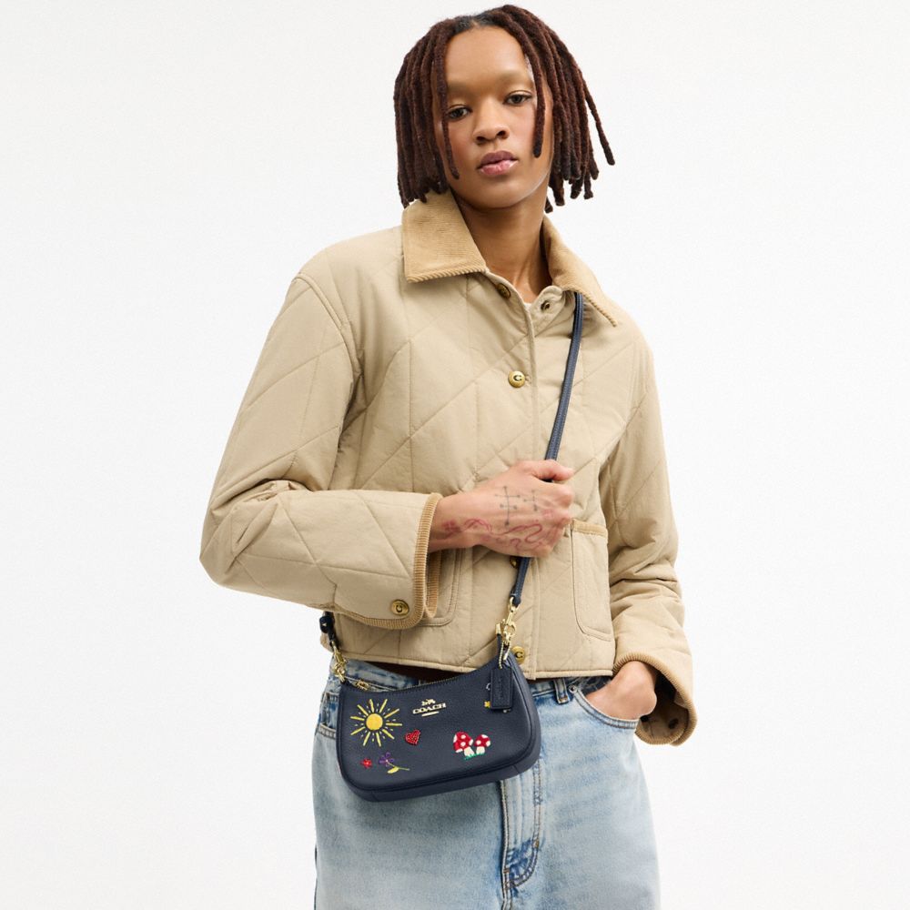 Coach Teri Mini Crossbody Bag With Embroidery Gold Dark Denim