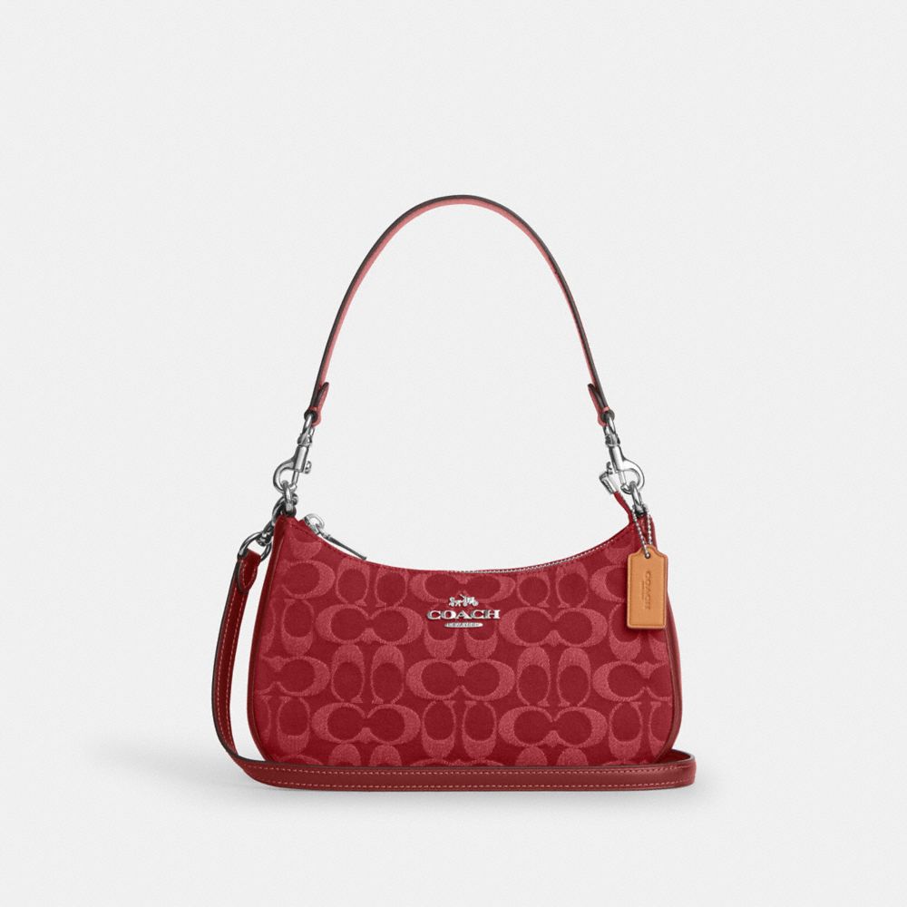 Coach Teri Shoulder Bag In Signature Denim Silver True Red