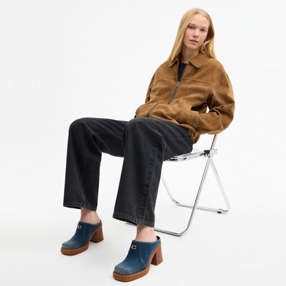 Women's Coach Sculpted C Heeled Mule In Loved Denim Dark Indigo