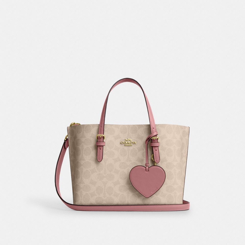 Coach Mollie Tote Bag 25 In Signature Canvas With Heart Charm Gold Sand Peony