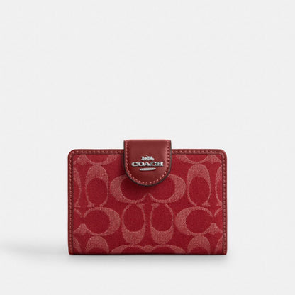 Coach Medium Corner Zip Wallet In Signature Denim Silver True Red