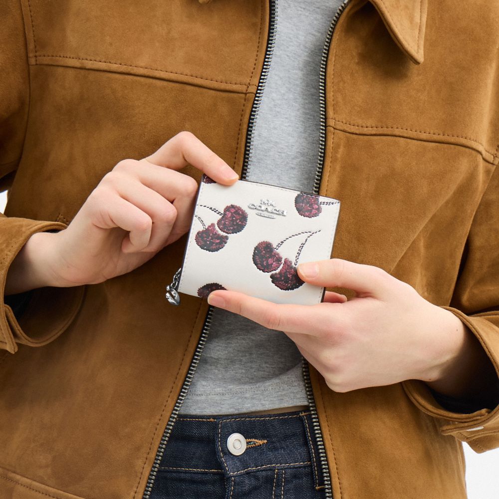 Coach Snap Wallet With Cherry Print Silver