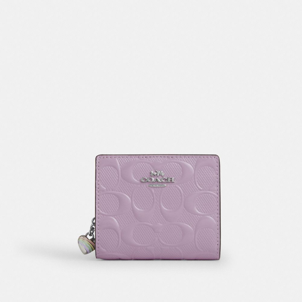 Coach Snap Wallet In Signature Leather With Heart Charm Silver Light Violet