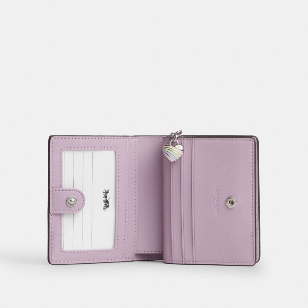Coach Snap Wallet In Signature Leather With Heart Charm Silver Light Violet