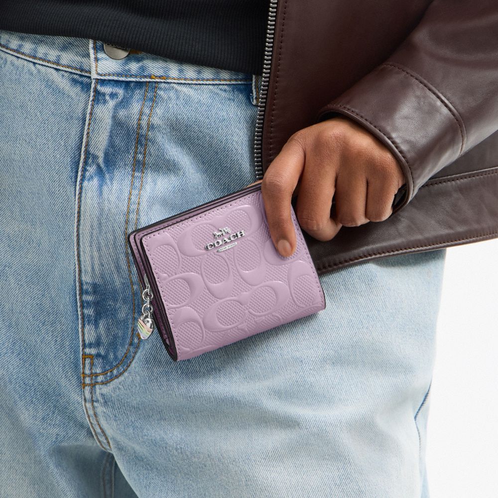 Coach Snap Wallet In Signature Leather With Heart Charm Silver Light Violet