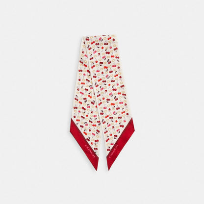 Coach Sculpted C Cherries Print Silk Wide Skinny Scarf Chalk Red