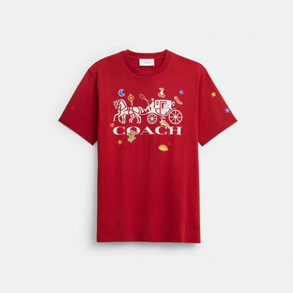 Coach Horse And Carriage Sticker T Shirt In Organic Cotton Red