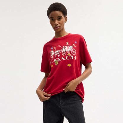Coach Horse And Carriage Sticker T Shirt In Organic Cotton Red