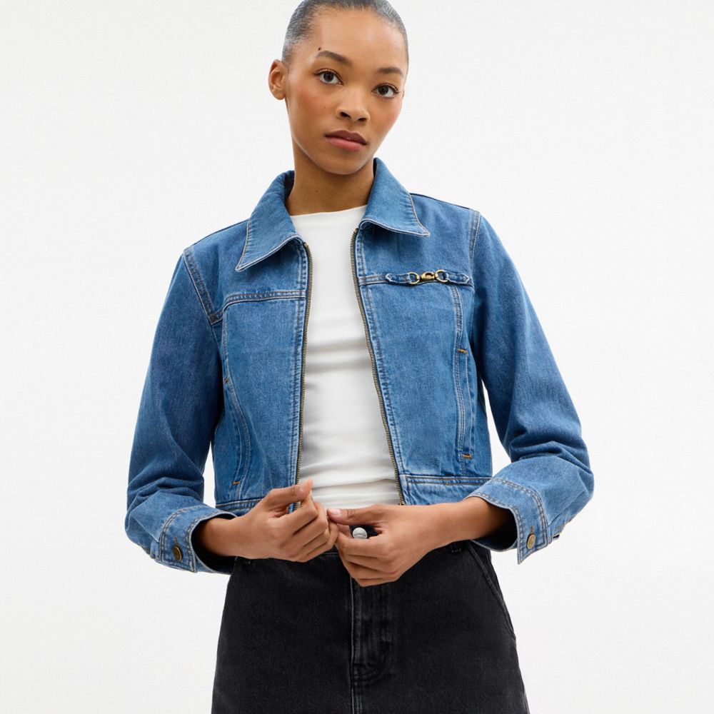 Coach Sculpted C Shrunken Denim Jacket In Organic Cotton Medium Blue