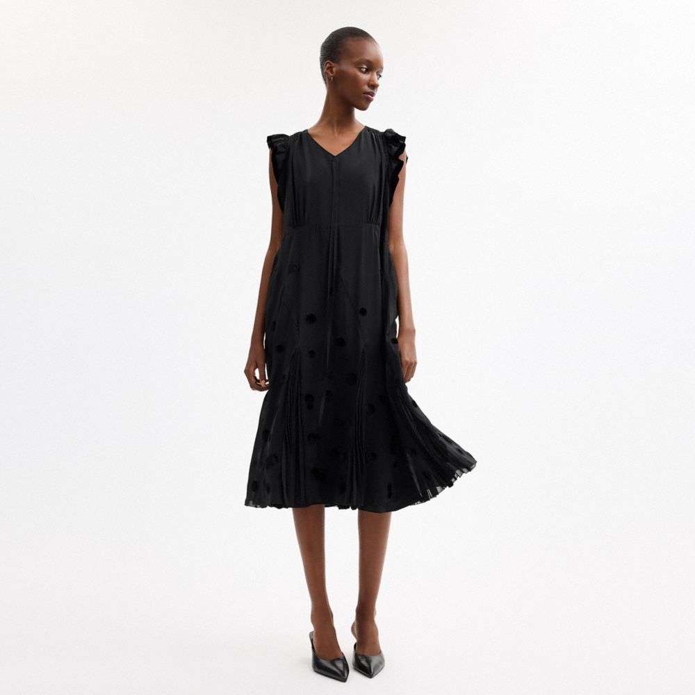 Coach V Neck Dress With Velvet Dots Black