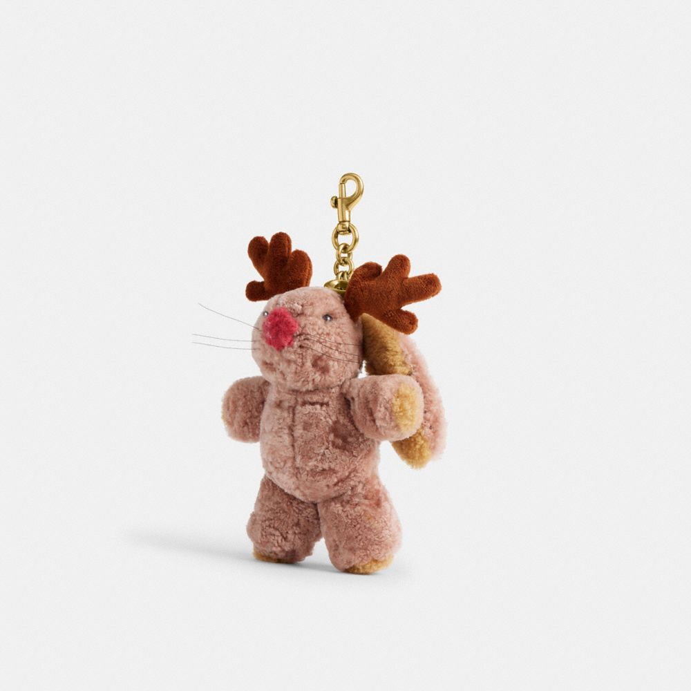 Coach Floppy With Antlers Bag Charm In Shearling Brass Multi