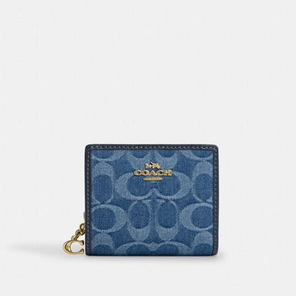 Coach Snap Wallet In Signature Denim Gold Indigo