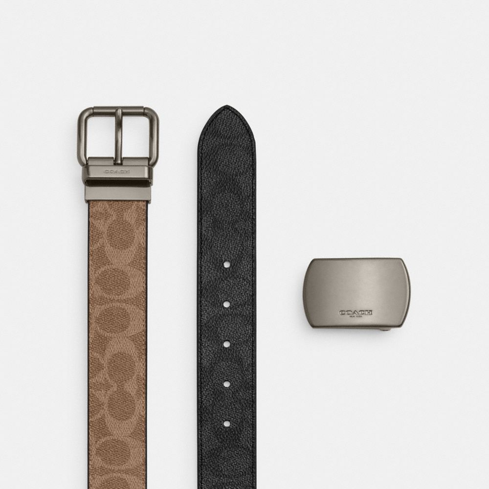 Coach Boxed Roller Buckle Cut To Size Reversible Belt, 38 Mm Gunmetal Tan Charcoal