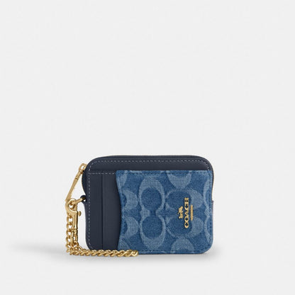 Coach Zip Card Case In Signature Denim Gold Indigo