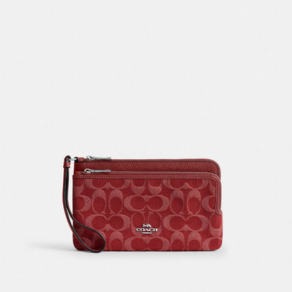 Coach Double Zip Wallet In Signature Denim Silver True Red