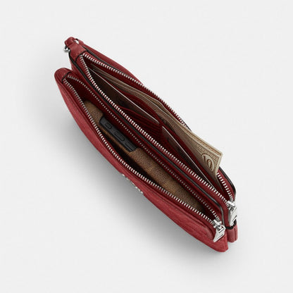Coach Double Zip Wallet In Signature Denim Silver True Red