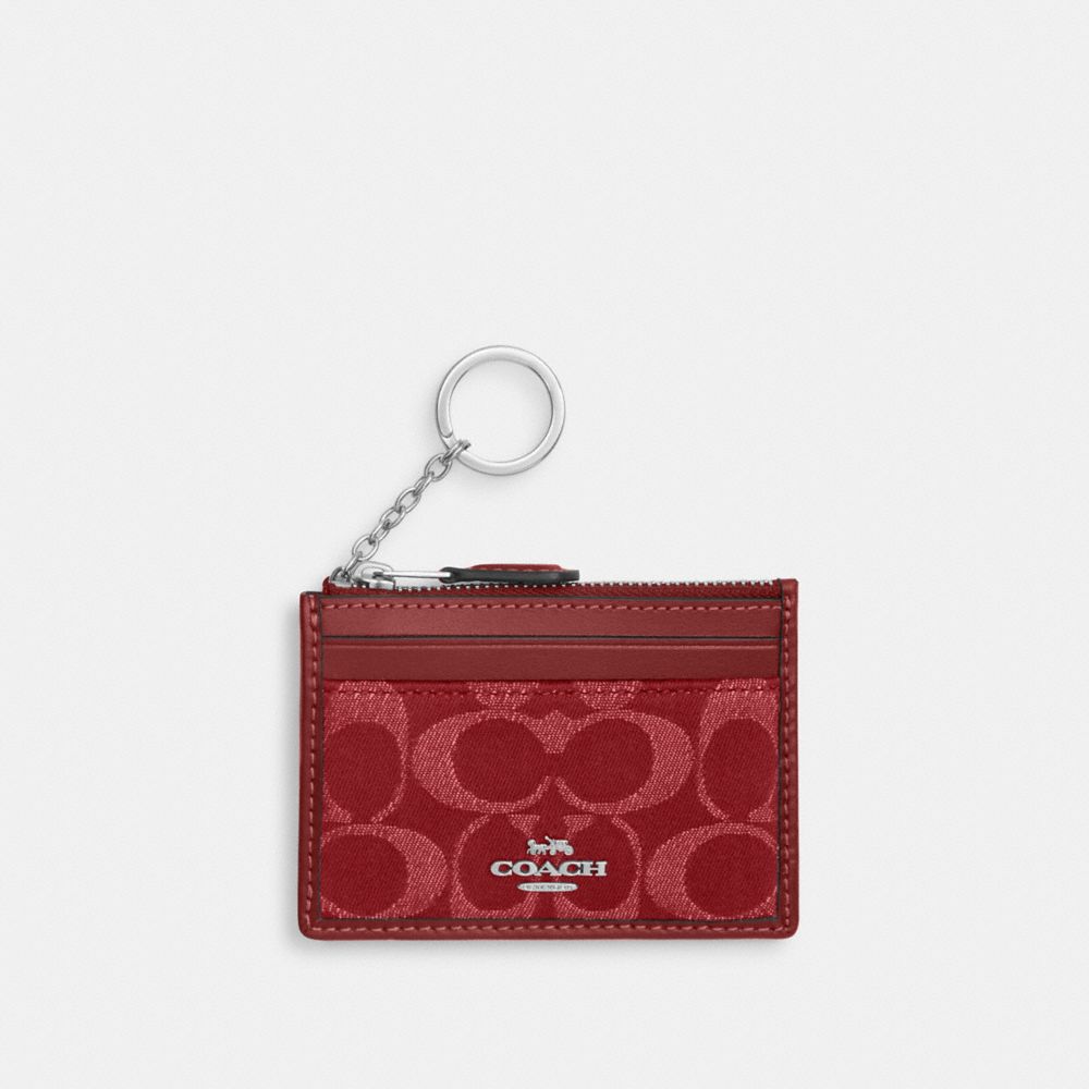 Coach Mini Skinny Id Case In Signature Denim Silver True Red
