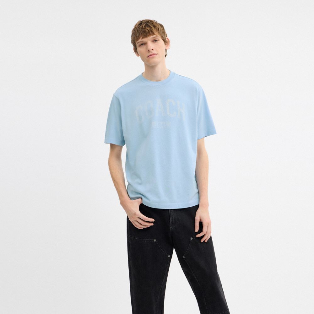 Coach Sun Fade Easy T Shirt In Organic Cotton Cerulean Light Blue