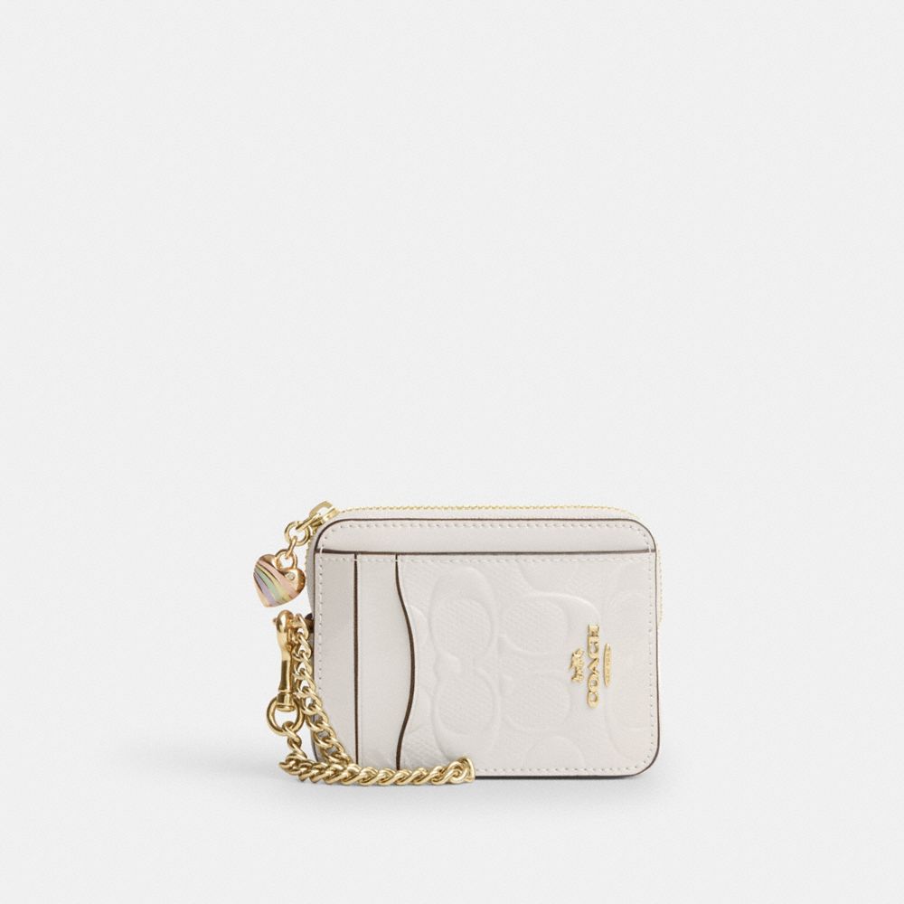 Coach Zip Card Case In Signature Leather With Heart Charm Gold Chalk