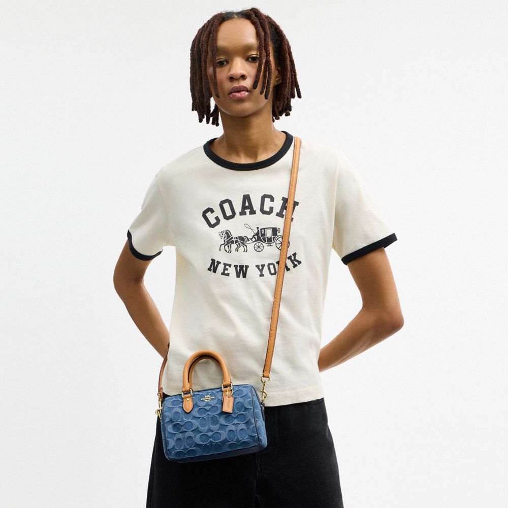 Coach Mini Rowan Crossbody Bag In Signature Denim Gold Indigo